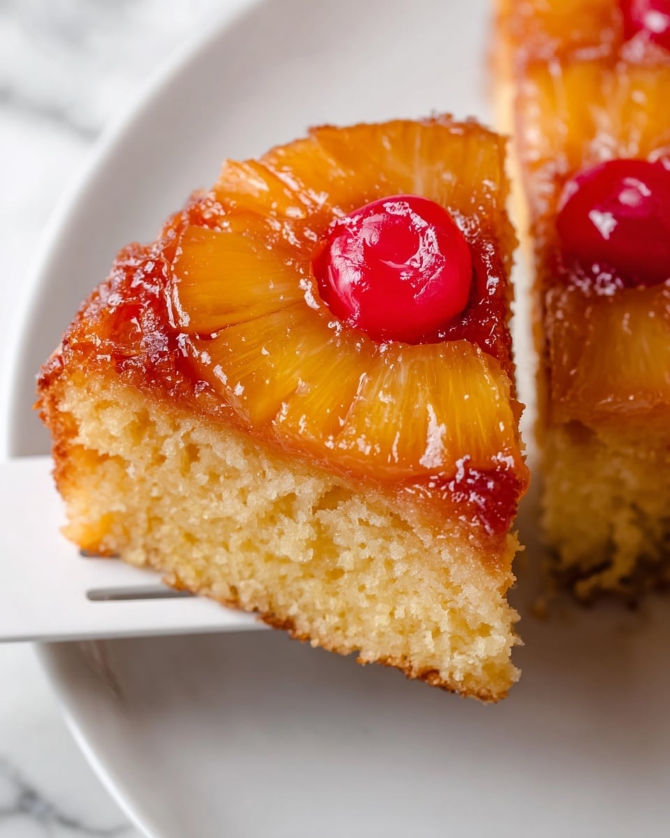 The image shows a close-up of a pineapple upside-down cake slice on a white plate with a white marbled surface underneath. The cake has three visible layers: the top layer is a glossy, caramelized pineapple ring with a bright red cherry in the center, showing a shiny and slightly textured surface. Below the pineapple, there is a golden-brown caramel glaze that adds a sticky look, followed by a soft, light yellow cake layer with a moist texture. The slice is held slightly by a white slotted spatula, with a woman’s hand barely visible at the edge. Photo taken with an iphone --ar 4:5 --v 7