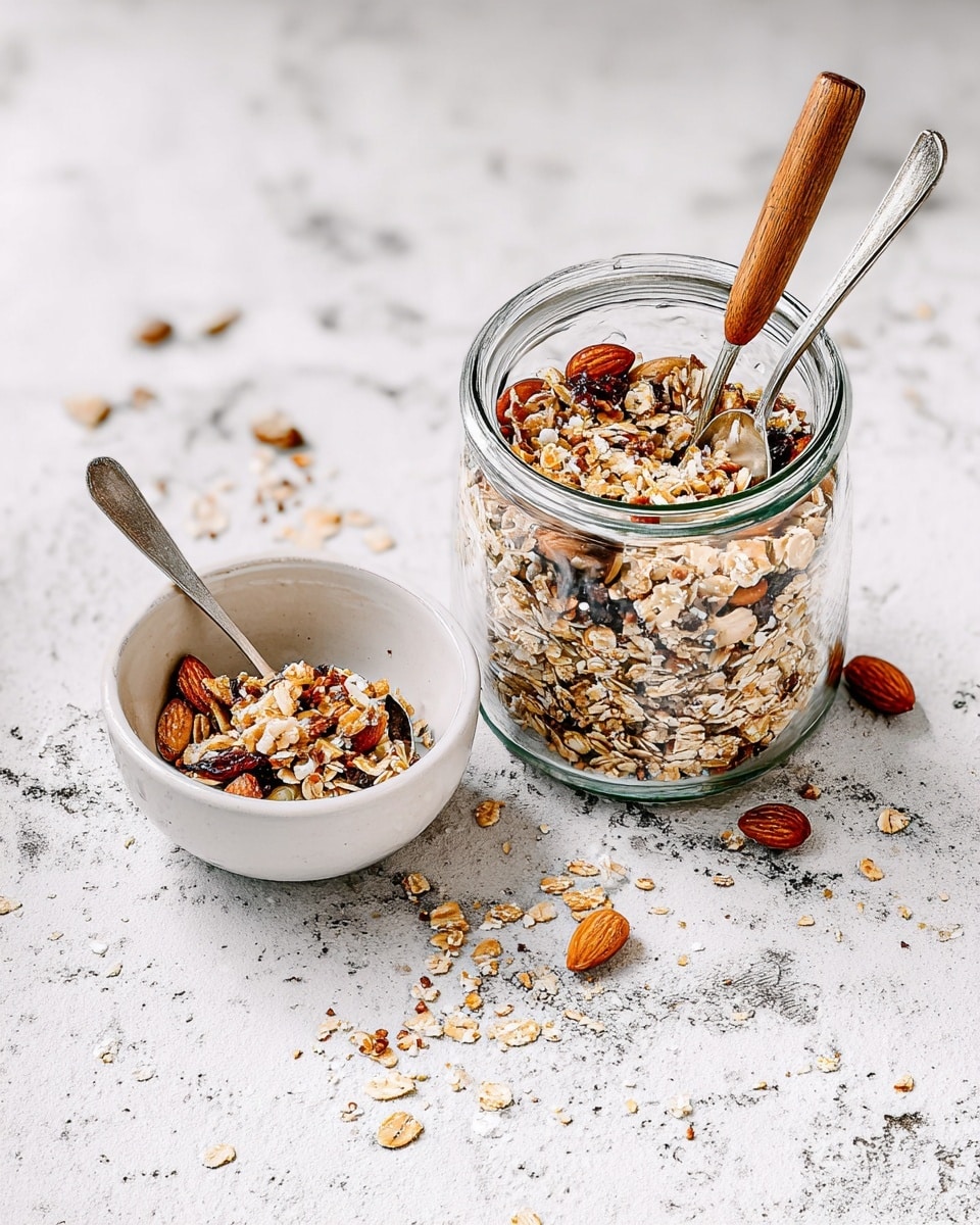 A clear glass jar filled with a mix of oats, almonds, and seeds sits on a white marbled surface, with a wooden and metal spoon resting inside the jar. Next to it, a white bowl holds a small portion of the same oat, almond, and seed mixture, with a metal spoon inside. Scattered around the jar and bowl are a few almonds and oat flakes, adding a natural, casual touch to the scene. photo taken with an iphone --ar 4:5 --v 7