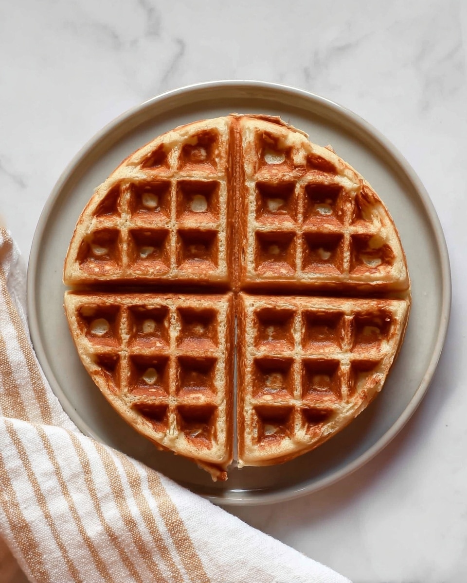 A single round waffle divided into four equal sections sits on a white plate with a slightly raised edge and a soft gray tint. The waffle is golden brown with a crisp, textured surface full of square indentations typical of waffles. It has a light, fluffy inside with even browning on the outer crust. The plate rests on a white marbled surface with a beige and white striped cloth casually placed on the lower left corner. photo taken with an iphone --ar 4:5 --v 7