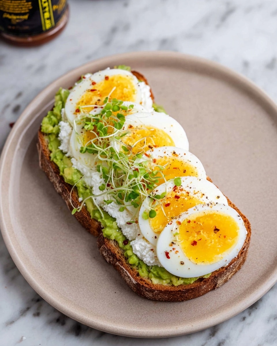 A single slice of toasted bread lies on a plain white plate, placed on a white marbled surface. The toast is topped with a base layer of mashed avocado in a soft green color, spread evenly. Above the avocado is a thick layer of white cottage cheese, textured and creamy, covering the center of the toast. On top of this are six evenly spaced slices of boiled egg, each with a firm white edge and bright yellow yolk. The eggs are sprinkled with black pepper and a few red spice flakes. Nearby, a woman's hand holds a small bunch of green microgreens over the surface. Photo taken with an iphone --ar 4:5 --v 7