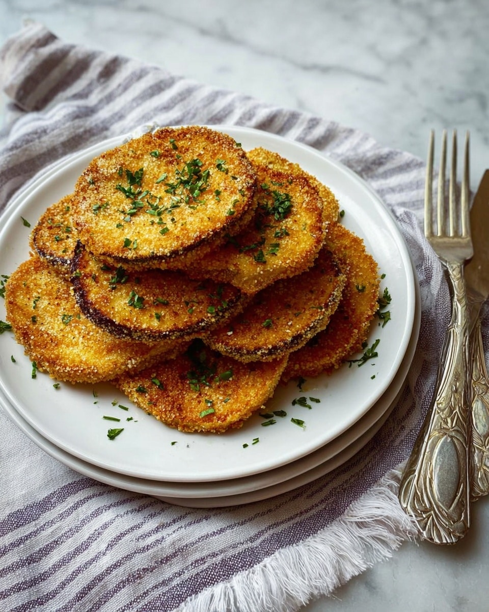 The image shows a white plate full of round, thin slices of eggplant covered in a golden brown crispy coating. The crust looks crunchy and has a mix of light and dark brown crumbs with some small green flakes sprinkled on top, adding a fresh look. The eggplant slices are stacked on each other, filling the plate and showing the texture of the breaded surface clearly. The whole plate sits on a white marbled background, giving a clean and bright feel to the image. photo taken with an iphone --ar 4:5 --v 7