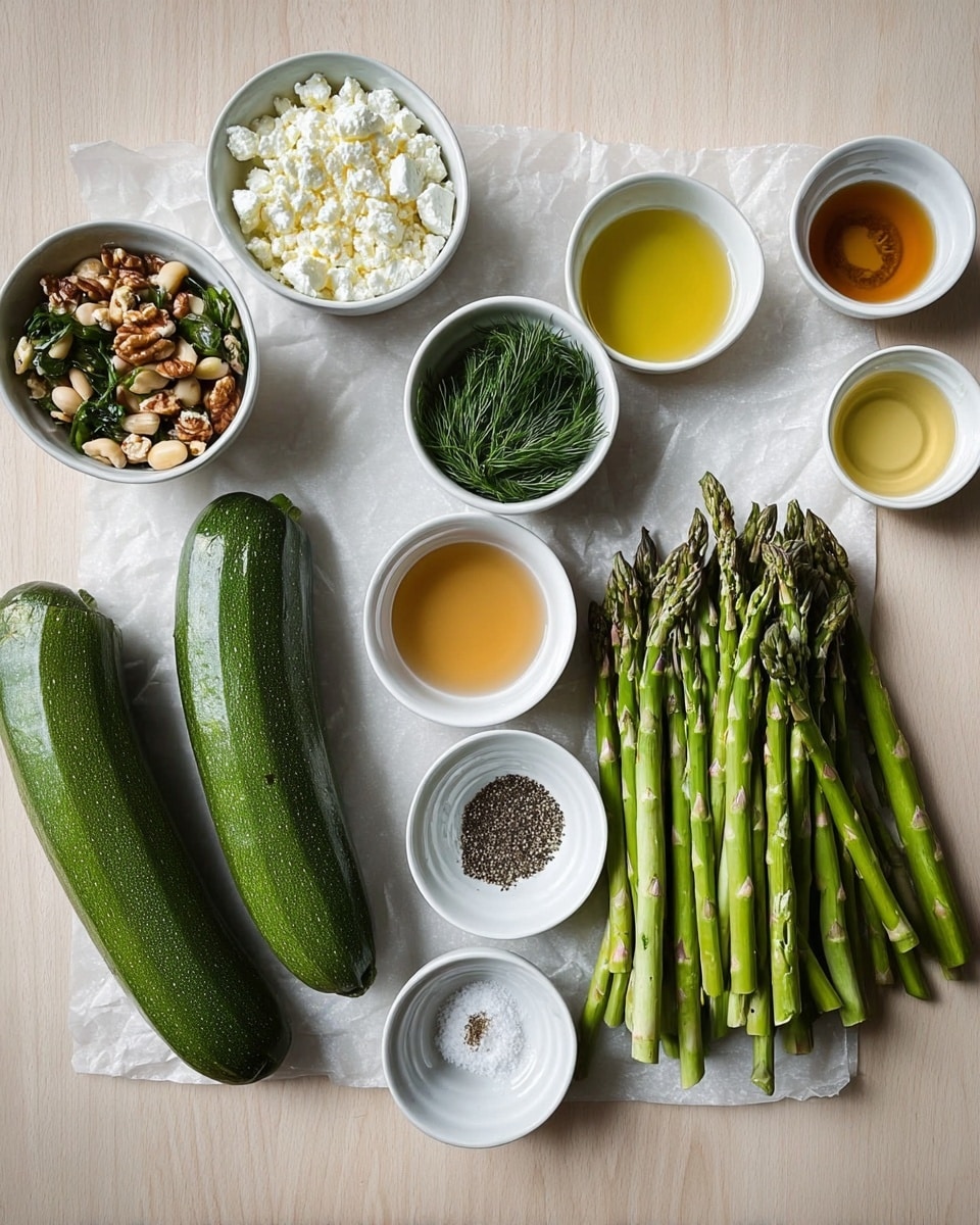 The image shows two green zucchinis and a bunch of fresh green asparagus spears laid out on white parchment paper, placed on a white marbled surface. Next to them are several small white bowls arranged in a loose circle, each holding different ingredients: a bowl of crumbled white cheese, a bowl with mixed green and brown chopped nuts, a bowl of dark green fresh dill, and smaller bowls containing various liquids with shades of golden brown, honey, light yellow, and a creamy beige paste. There is also a small bowl with black pepper and salt and another with a small amount of a dark speckled sauce. The setup is neat and organized, focusing on the fresh ingredients surrounding the vegetables. photo taken with an iphone --ar 4:5 --v 7