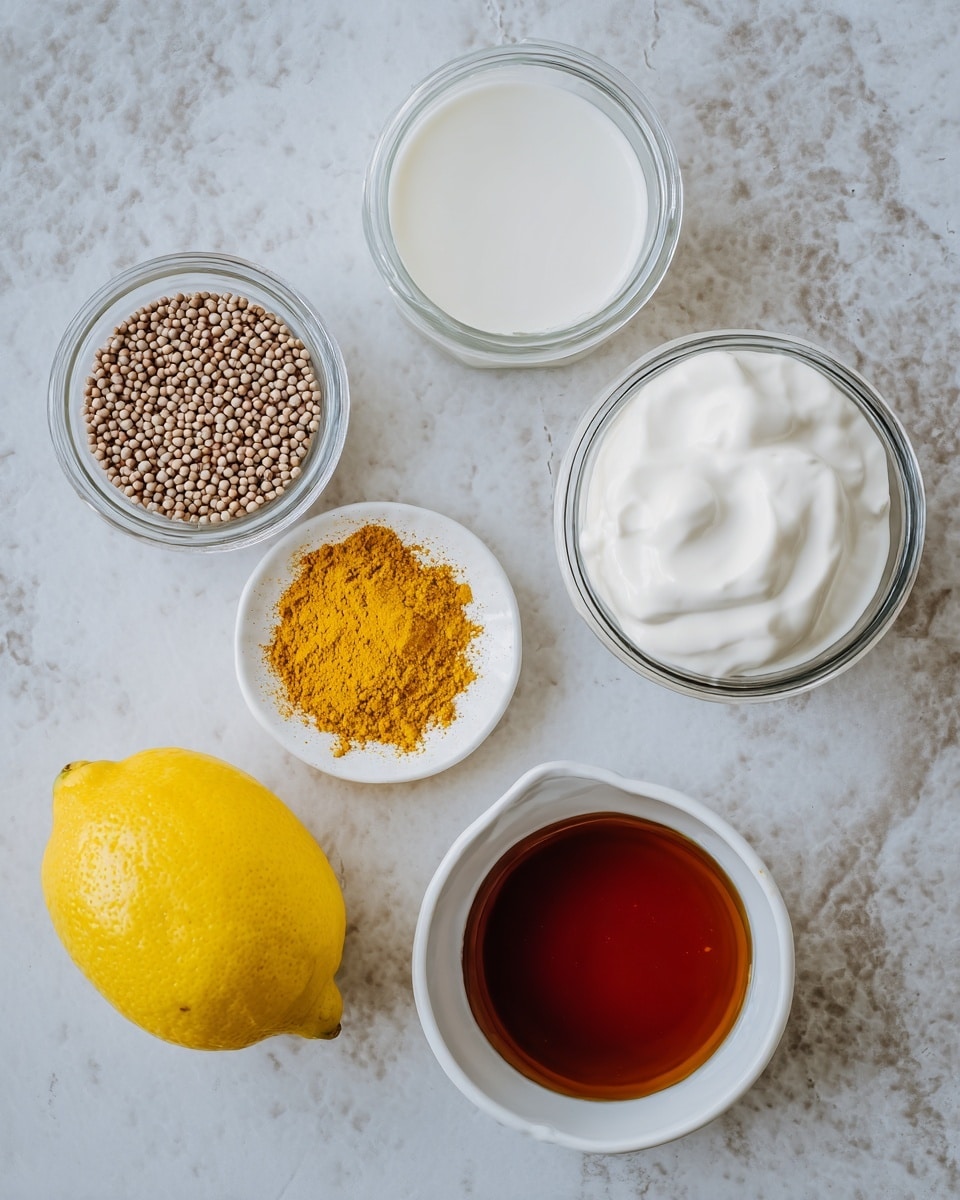 The image shows five ingredients arranged on a white marbled surface. At the top left is a small glass jar filled with white milk. Next to it on the right is another glass jar with white, thick yogurt that has a smooth and slightly shiny texture with some small peaks. Below these, on the left, there is a small glass jar filled with small, round beige seeds. To the right of the seeds is a white plate holding a small pile of bright yellow turmeric powder with a fine, powdery texture. Below the plate, at the bottom center, there is a white ceramic bowl filled with dark amber honey, smooth and shiny. On the far left of the arrangement, there is a fresh lemon with bright yellow, textured skin. The photo taken with an iphone --ar 4:5 --v 7