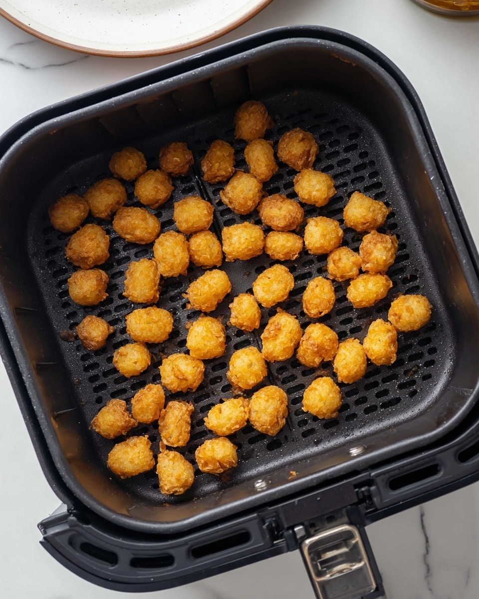 The image shows a black air fryer basket filled with small, golden-brown fried nuggets scattered loosely in a single layer. The nuggets have a crunchy texture and uneven shapes, some round and some slightly oval. The air fryer basket has a grid-like pattern with small holes and ridges along the edges. The scene is set on a white marbled surface with part of a white plate visible at the top edge. Photo taken with an iphone --ar 4:5 --v 7