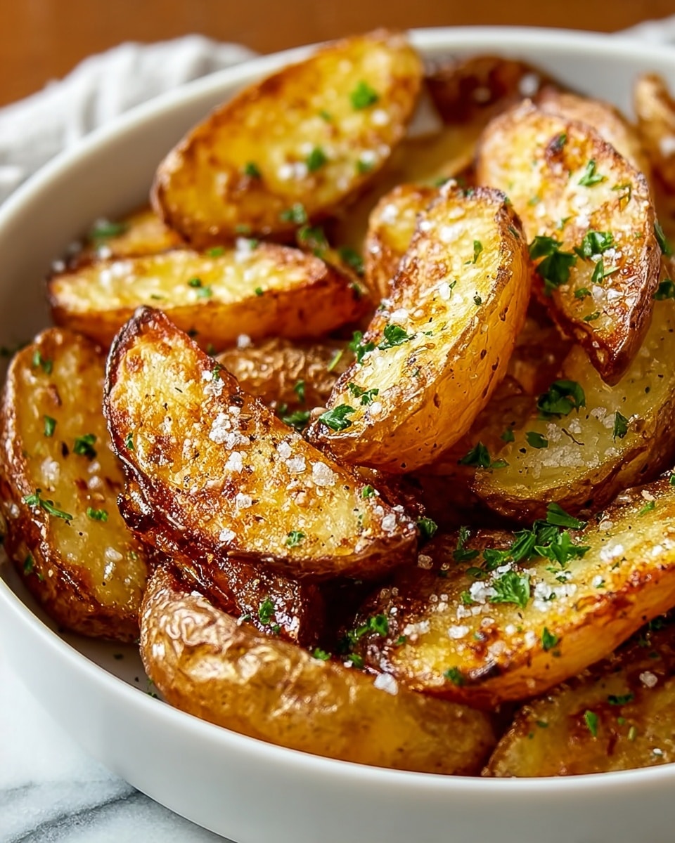 A close-up view of a white shallow bowl filled with golden baked potato halves. Each potato half has a crispy brown edge and a soft, slightly shiny yellow interior. The potatoes are topped with small white crumbles of cheese and sprinkled with finely chopped green herbs and freshly cracked black pepper. The bowl rests on a white marbled surface, and the overall look is warm and inviting with a rustic texture. photo taken with an iphone --ar 4:5 --v 7