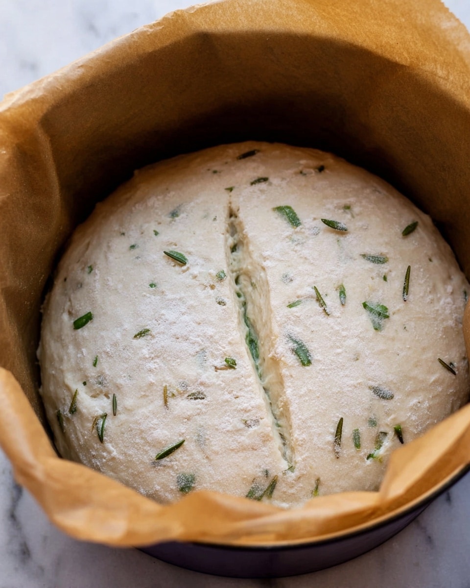 The image shows a round dough placed in a baking pot lined with brown parchment paper. The dough is light beige with small green herb pieces scattered inside. It has a slight dusting of flour on top and a single deep cut in the middle. The pot holding the dough is dark colored, and the background is a white marbled texture. photo taken with an iphone --ar 4:5 --v 7