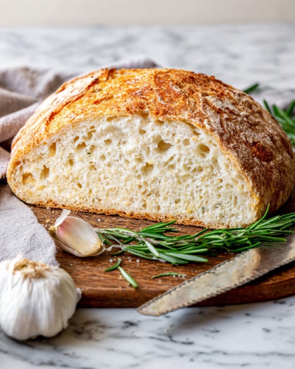 A loaf of rustic bread is sliced in half, showing its soft, light interior with small holes and a slightly rough texture. The crust on top is golden brown and crispy. The bread is placed on a wooden board with some green rosemary sprigs around it. A white garlic bulb and a serrated knife lie next to the bread. Everything rests on a white marbled surface with a light gray cloth nearby. photo taken with an iphone --ar 4:5 --v 7