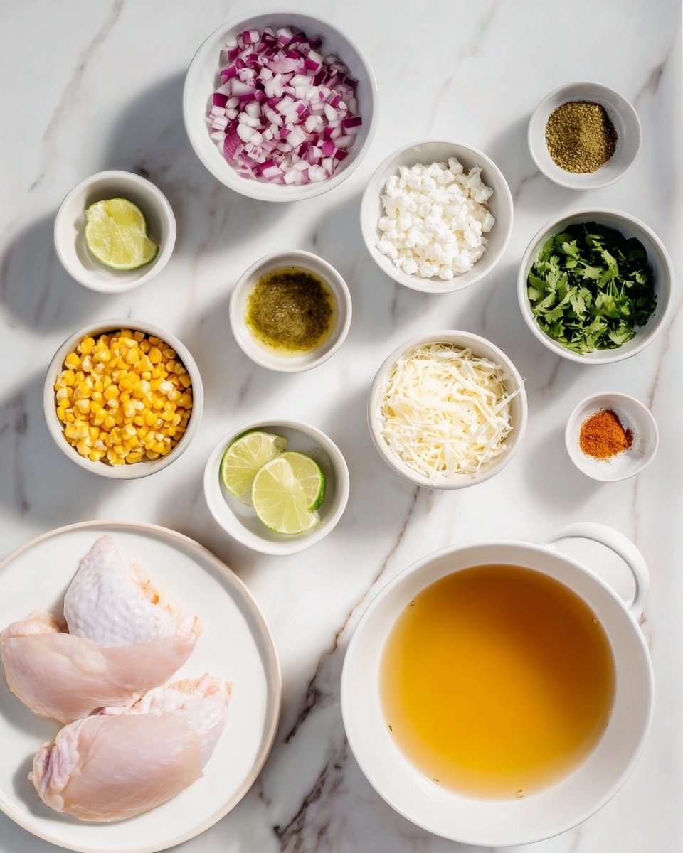 The image shows several small white bowls arranged neatly on a white marbled surface, each holding different ingredients. In the bottom left corner, there is a white plate with two raw chicken pieces that are pale pink and smooth. Around the center, a bowl of clear light orange broth is visible with a handle, and nearby are small bowls containing chopped red onion, yellow corn, a green herb, a mix of spices in different colors, creamy white sauce, shredded cheese, chopped green onion, lime wedges, and a small amount of greenish-yellow paste. A woman’s hand is not seen, the focus is on the ingredients. The lighting is bright and natural, giving a fresh and clean look. photo taken with an iphone --ar 4:5 --v 7