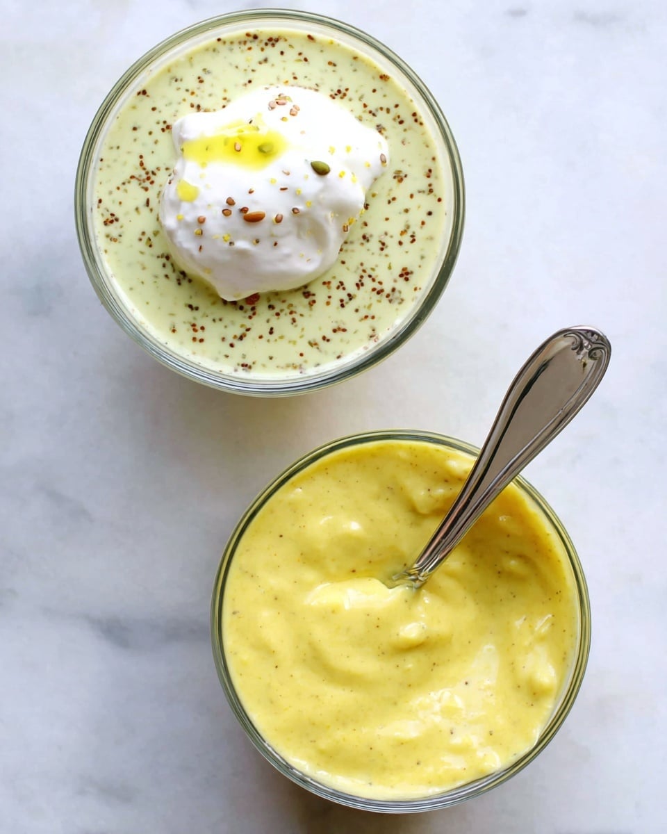 The image shows two small clear glass bowls placed on a white marbled surface. The top bowl has a creamy light green mixture with visible small brown seeds and a dollop of soft white cream with a little yellow spot in the center on top. The bottom bowl contains a thicker, smooth yellow mixture with some brown seeds throughout and a silver spoon resting inside, the spoon's handle pointing right. The photo taken with an iphone --ar 4:5 --v 7