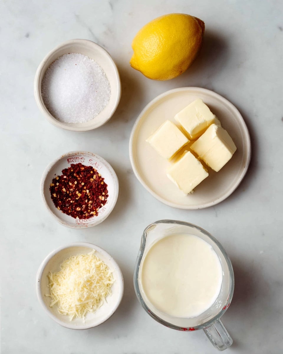 The image shows six items arranged on a white marbled surface. At the top left is a small white bowl with coarse salt inside, partially filled. To its right is a whole lemon with bright yellow skin. Below the salt bowl is another small white bowl filled with red pepper flakes, showing a mix of deep red and brown colors. Center-right is a white plate holding several cubes of pale yellow butter stacked loosely. Below the pepper flakes is a small white bowl filled with grated light yellow cheese. At the bottom right is a clear glass measuring cup filled with a thick white cream. All items are seen from above, creating a clean and bright layout. photo taken with an iphone --ar 4:5 --v 7
