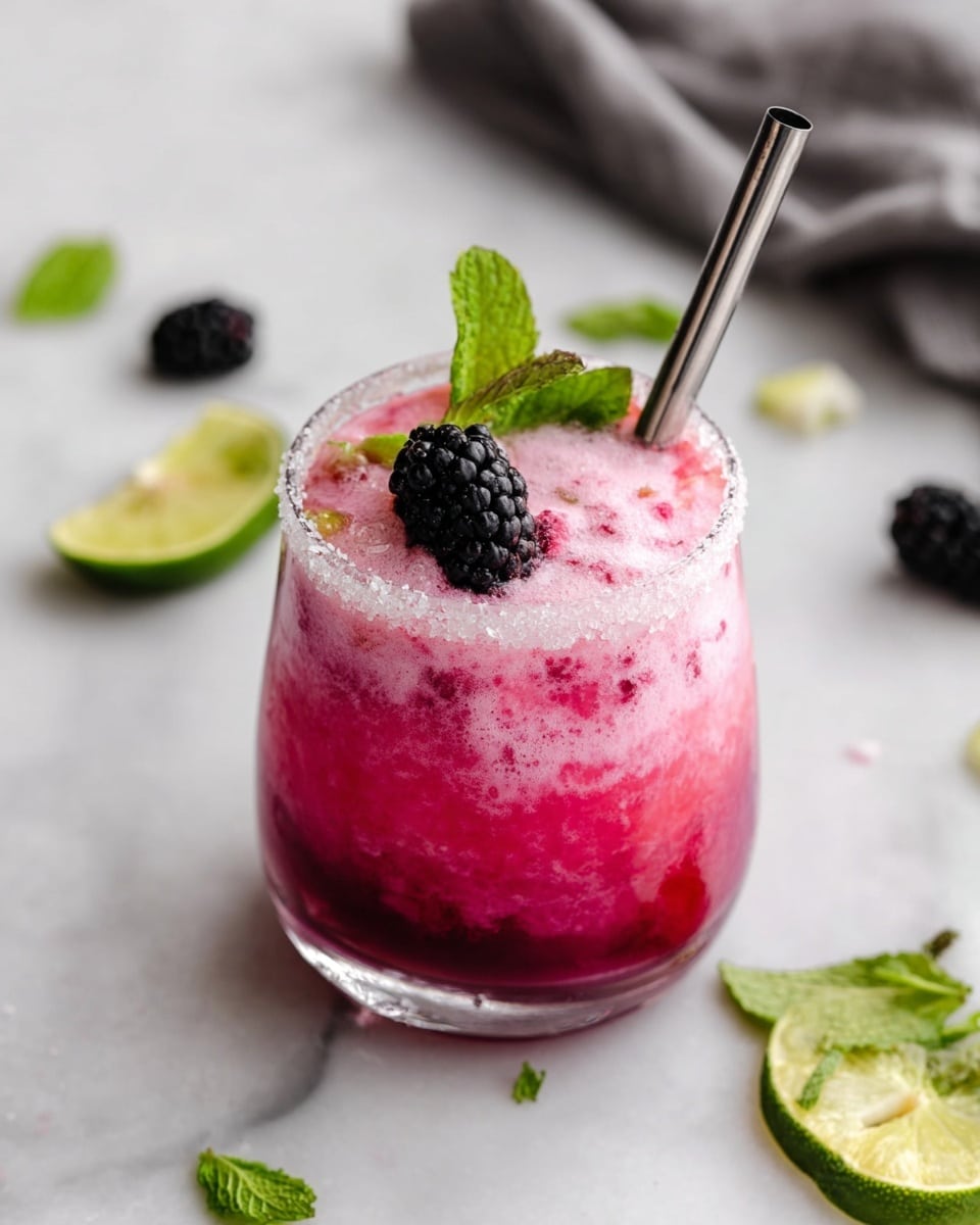 A top view of a fresh pink drink in a clear glass with a sugar rim mixed with lime zest. The drink has a frothy pink layer on top with darker pink swirls. A single black blackberry and two thin lime slices rest on the foam near the center, while ice cubes float beneath. A metal straw stands on the right side of the glass. A woman's hand is holding the glass from the bottom right corner against a white marbled surface with scattered blackberries, lime slices, and a green leaf near the glass. Photo taken with an iphone --ar 4:5 --v 7
