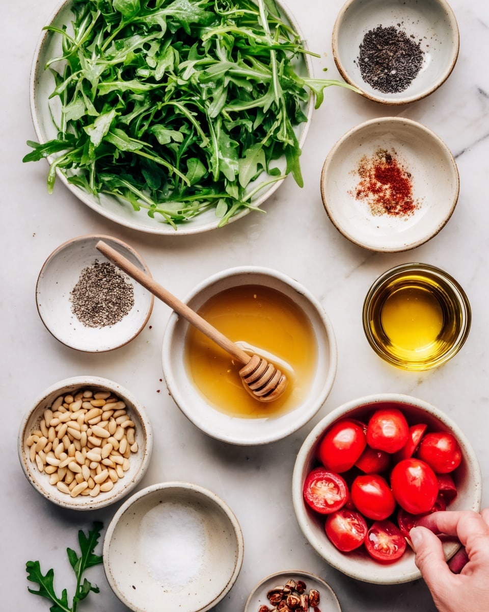 The image shows a white marbled surface with various small white bowls and plates arranged neatly. At the top left, a white plate is filled with fresh green arugula leaves. Below it, a small white bowl has a wooden honey dipper with golden honey. To the right, another white bowl contains halved red cherry tomatoes. Surrounding these are small white bowls holding coarse salt, black pepper, olive oil, and pine nuts, all with visible textures. A woman's hand is seen reaching toward the bottom right bowl. The overall colors are fresh greens, reds, golden yellows, and whites, with a clean, bright look. Photo taken with an iphone --ar 4:5 --v 7