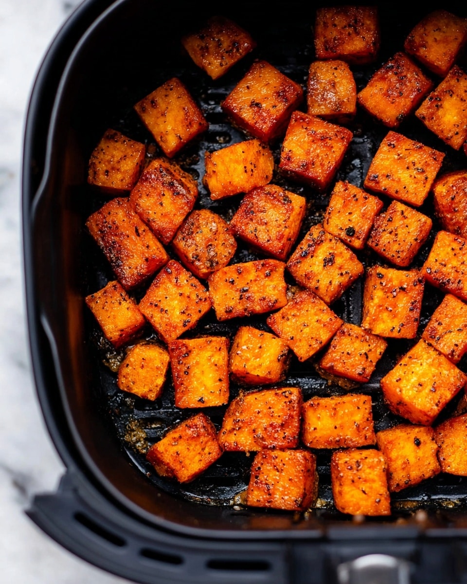 The image shows a close-up view of many roasted orange cubes, evenly spread in a single layer inside a black air fryer basket. Each cube has a slightly rough texture with a light char and black pepper specks on its surface, giving a crispy and seasoned look. The cubes shine with a slight oil glaze, and the background inside the fryer basket is dark, highlighting the vibrant orange food pieces. The outer edges of the air fryer basket are visible, surrounding the cubes. The setting has a clean and sharp focus against a white marbled surface. photo taken with an iphone --ar 4:5 --v 7