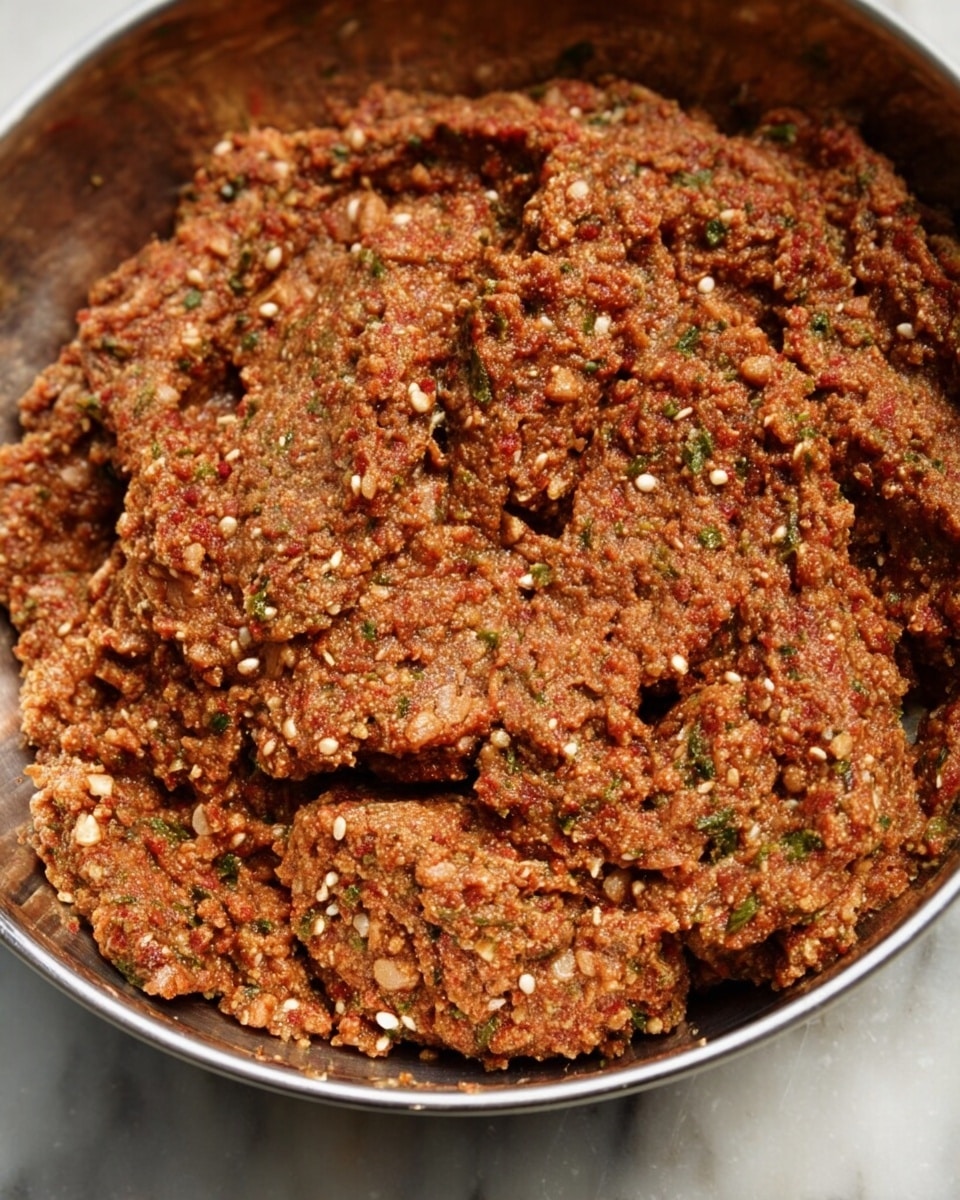 The image shows a close-up of a thick, brownish-red mixture in a bowl, with small white grains and green herb bits spread evenly throughout. The texture looks coarse and chunky, with visible pieces of seeds and spices, forming an irregular, soft mound. The mixture's surface is uneven and slightly rough, with folds and creases giving depth to the mass. The bowl has a shiny metal look, contrasting with the rich, textured mixture inside. The background is a white marbled texture photo taken with an iphone --ar 4:5 --v 7