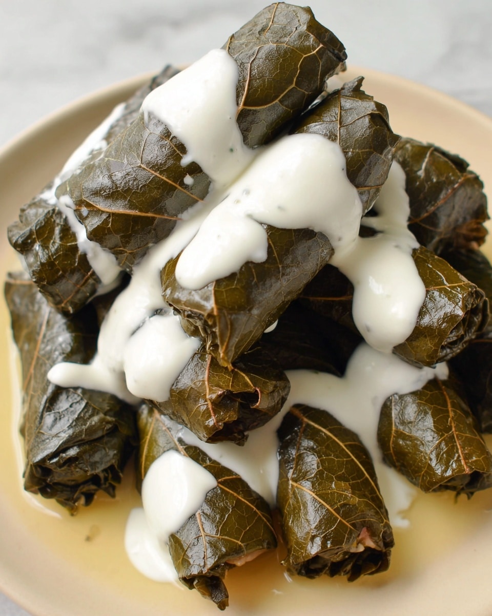 The image shows a close-up of several dark green grape leaves tightly rolled around a filling, arranged in a pile on a white plate. Each roll is drizzled with a generous layer of thick, white yogurt sauce that covers parts of the rolls unevenly, creating a soft, creamy contrast to the textured leaves. The rolls show visible veins on the grape leaves that add a natural pattern to the dish. The plate rests on a white marbled surface that adds a subtle background texture. photo taken with an iphone --ar 4:5 --v 7