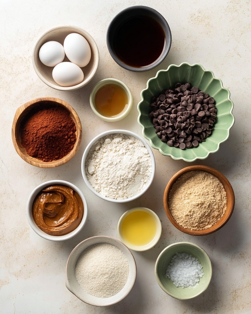 The image shows a flat lay of various baking ingredients placed on a white marbled surface in separate white and light-colored bowls. There are two white eggs resting together in a small black bowl. A light tan bowl contains a dark brown syrup. A green bowl with scalloped edges holds a reddish-brown sugar. A wooden bowl is filled with dark chocolate chips. A white bowl has light brown almond butter. Three smaller bowls hold white flour, a light yellow liquid, and a dark amber liquid. A small green ceramic bowl contains coarse sea salt. Each bowl or container is spaced apart evenly, displaying the different textures and colors of the baking ingredients clearly. Photo taken with an iphone --ar 4:5 --v 7