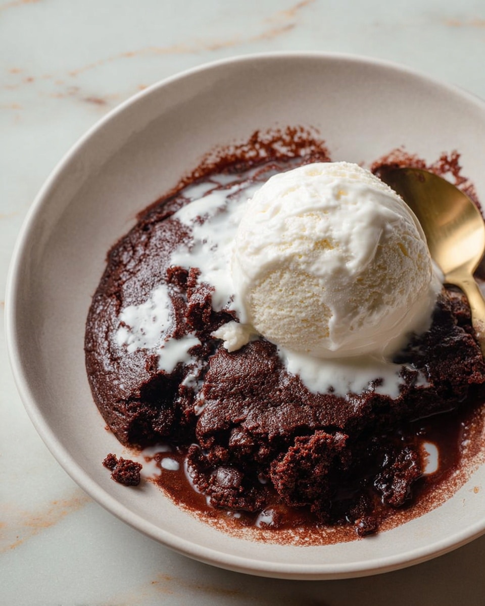 A white round plate on a white marbled surface holds a scoop of melting vanilla ice cream on top of a dark brown, moist and crumbly chocolate dessert that spreads slightly underneath, showing rough and uneven texture with some glossy spots. The ice cream has a smooth and creamy surface with small air pockets and a bit of melted cream pooling around it, blending into the chocolate base. A gold spoon is placed near the plate's edge on the right side. Photo taken with an iphone --ar 4:5 --v 7