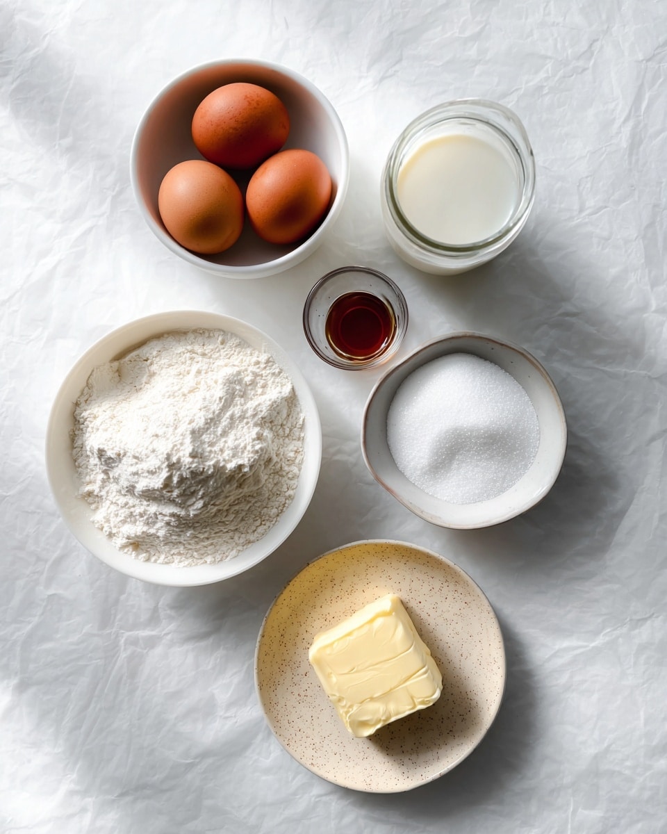 A white bowl filled with three brown eggs is placed near the top left side of the image, next to a small glass jar of milk with a smooth white surface on the top right. Below these, to the left, is another white bowl holding soft, powdery white flour. To the right of the flour bowl is a small white bowl filled with white granulated sugar. At the bottom center, a small speckled beige dish holds a square piece of butter. Between the milk jar and sugar bowl is a tiny glass container with brown vanilla extract. All items are arranged neatly on a white marbled textured surface with soft light and shadows, creating a clean, simple, and organized look. photo taken with an iphone --ar 4:5 --v 7