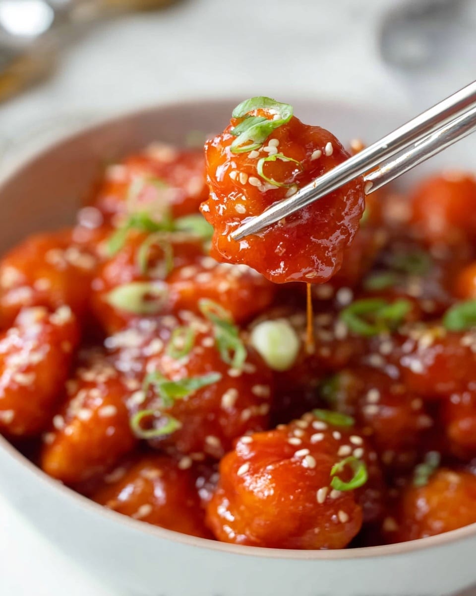 A close-up view of a white bowl full of small pieces of food covered in thick, shiny, bright red sauce. The food pieces are round and soft with an orange-red color from the sauce, sprinkled with light tan sesame seeds and small green onion slices. A pair of silver chopsticks hold one piece above the bowl, showing its sticky texture and some sauce dripping, with a white marbled background blurred out behind. photo taken with an iphone --ar 4:5 --v 7