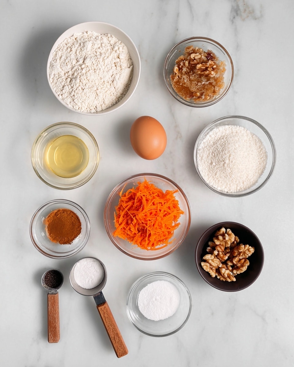 The image shows nine small bowls and one egg placed on a white marbled surface. At the top, there is a white bowl filled with white flour, and below it to the right is a clear bowl with light brown sugar. To the left of the sugar, a clear bowl contains a light yellow oil. Below the oil, there is a clear bowl with bright orange shredded carrots. Next to the carrots is a small white bowl with cinnamon powder. Below the cinnamon is a clear bowl with white sugar. To the right of the sugar, there is a small white bowl with baking powder. Near the powdered bowl are two small wooden-handled measuring spoons with black and white powders. In the middle of these ingredients is a brown egg broken in half and beside the whole egg. On the right side in a black bowl, there are brown and white walnuts. photo taken with an iphone --ar 4:5 --v 7