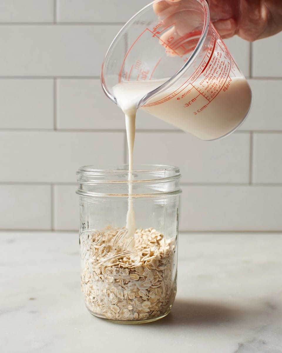 A clear glass jar is filled halfway with pale beige rolled oats that have absorbed some creamy white liquid, giving them a soft texture. A woman's hand slowly pours more creamy white liquid from a clear measuring cup with red markings into the jar, creating a small stream that lands in the oats. The scene is set against a white marbled surface and a white tiled wall background, creating a clean and simple look. photo taken with an iphone --ar 4:5 --v 7