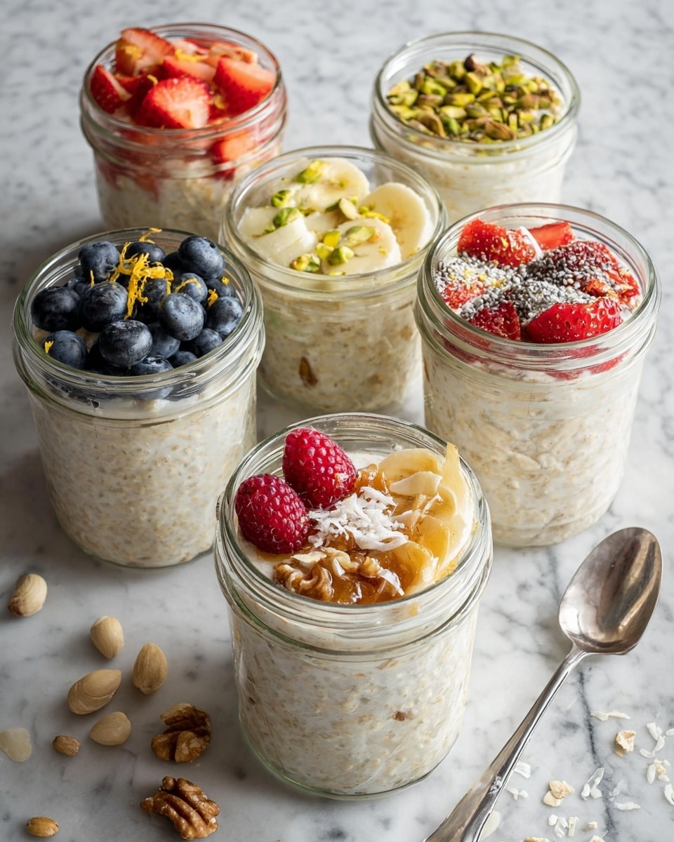 Six clear glass jars are filled with creamy oatmeal, each topped with different fruits and nuts. The jar in the front right has peeled banana slices and chopped walnuts with a drizzle of honey. The jar in the front center has fresh raspberries, sprinkled with sliced almonds and chia seeds. The jar in the front left is topped with whole blueberries and tiny yellow zest pieces. Behind them, the left jar has sliced bananas and red strawberries, the middle jar has light green apple slices and chopped pistachios, and the right jar shows a mix of blueberries, strawberries, and red raspberries with shredded coconut flakes. The jars sit on a white marbled surface with a small silver spoon nearby and scattered nuts and berries around. Photo taken with an iphone --ar 4:5 --v 7