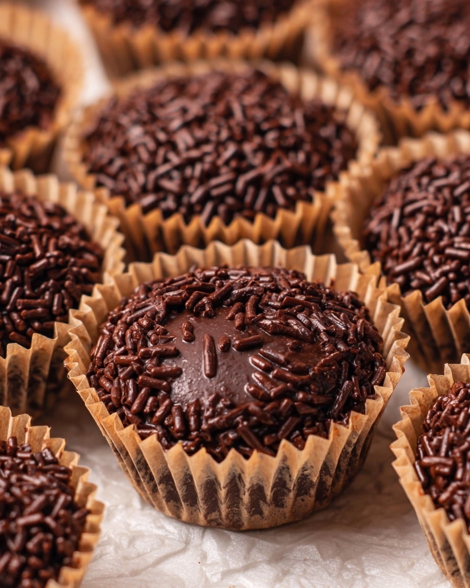 The image shows about fifteen round chocolate balls placed closely together on a wooden surface. Each ball has a dark chocolate base covered with a thick layer of small, cylindrical chocolate sprinkles that give a rough texture. Twelve of these balls rest in thin, light beige paper cups that have slightly crinkled edges, while a few have no cups and reveal the wooden texture underneath. One ball near the center has a portion bitten off, showing the smooth, dense chocolate inside with a shiny and creamy texture beneath the sprinkle layer. The colors mainly include dark brown for the chocolate and chocolate sprinkles, beige for the paper cups, and light brown for the wooden surface. photo taken with an iphone --ar 4:5 --v 7