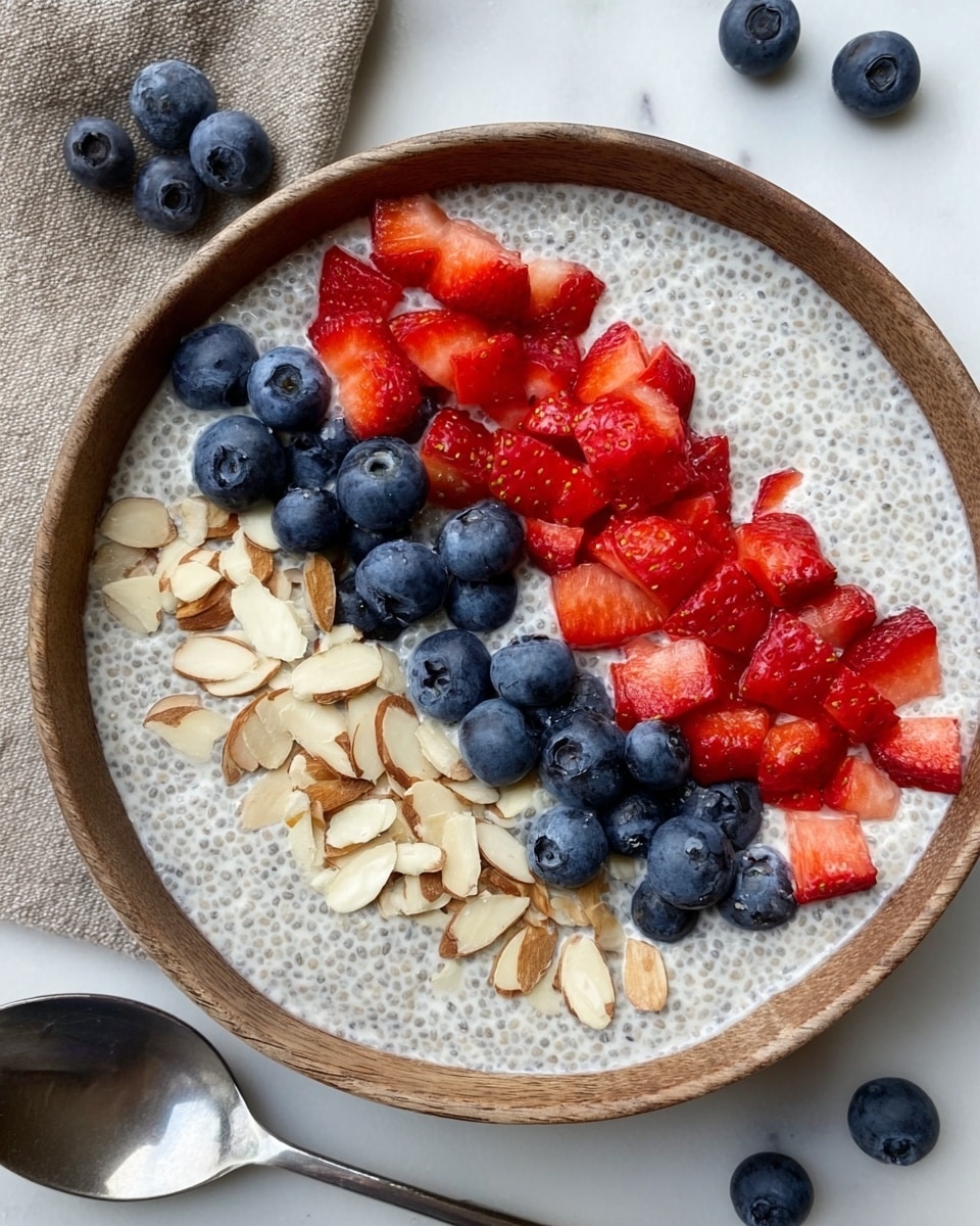 A round bowl filled with a creamy white chia seed pudding layer that has a smooth, slightly thick texture. On the right side of the pudding, there is a neat row of fresh blueberries with a shiny, deep blue color. Above the blueberries, diced bright red strawberries create a vibrant contrast, scattered in an irregular patch. On the left side of the pudding, small pieces of light brown chopped almonds are spread thinly over the surface, adding texture. The bowl is set on a white marbled surface with some loose blueberries nearby, and a silver spoon can be seen just under the bowl. Photo taken with an iphone --ar 4:5 --v 7