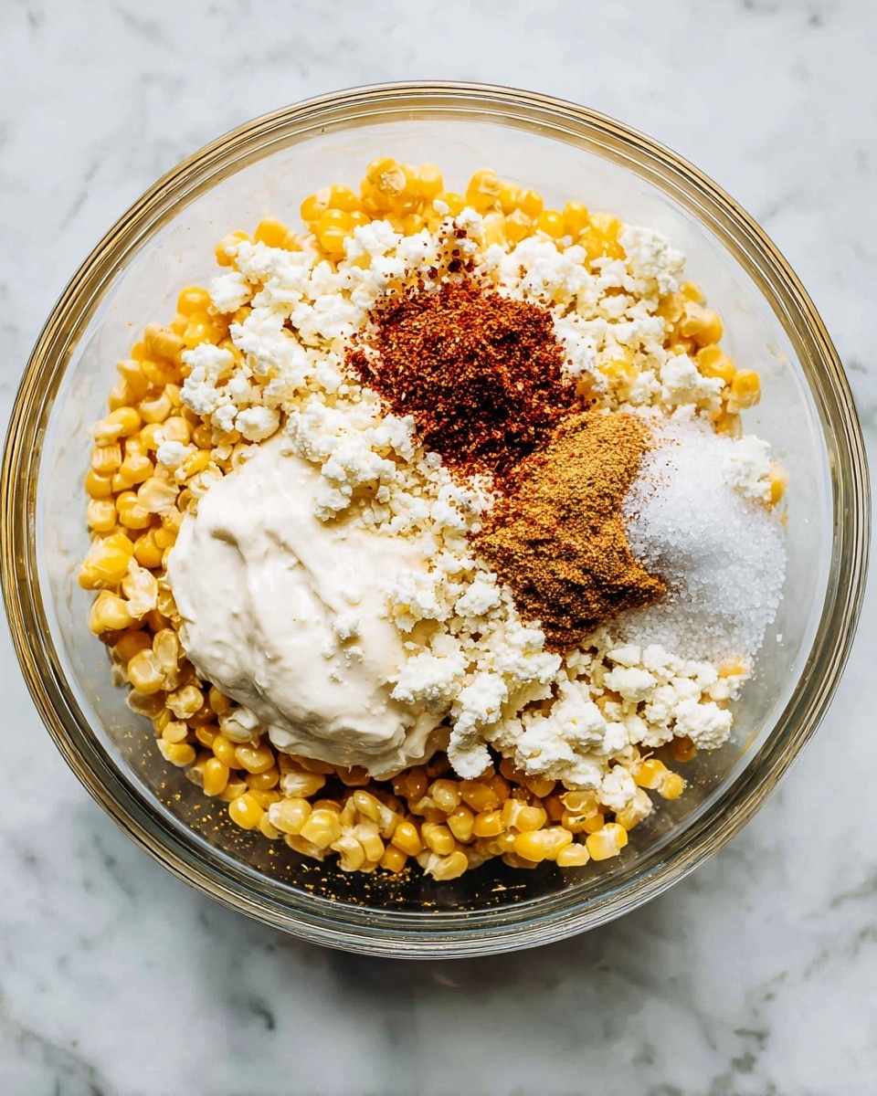 A clear glass bowl sits on a white marbled surface filled with layers of corn kernels forming a yellow base, topped with scattered white crumbly cheese on one side, creamy white sour cream with a smooth texture on another, and sprinkled reddish-brown spices along with a small pile of white granular salt resting near the center. Photo taken with an iphone --ar 4:5 --v 7