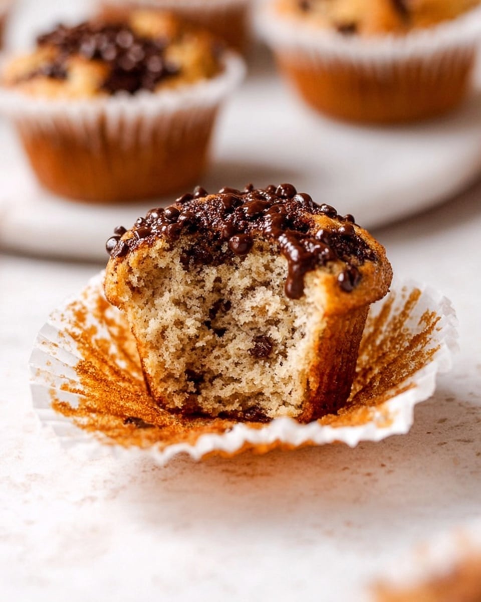 A close-up of a single muffin with a golden-brown top, speckled with dark brown chocolate chips scattered on the surface. The muffin is partially eaten, showing a soft, light beige crumb inside with a slightly coarse texture. It sits in a white paper liner, which is peeled back and ruffled around the base, revealing some melted chocolate along the sides. In the blurred background, there are other similar muffins on a white marbled surface. photo taken with an iphone --ar 4:5 --v 7