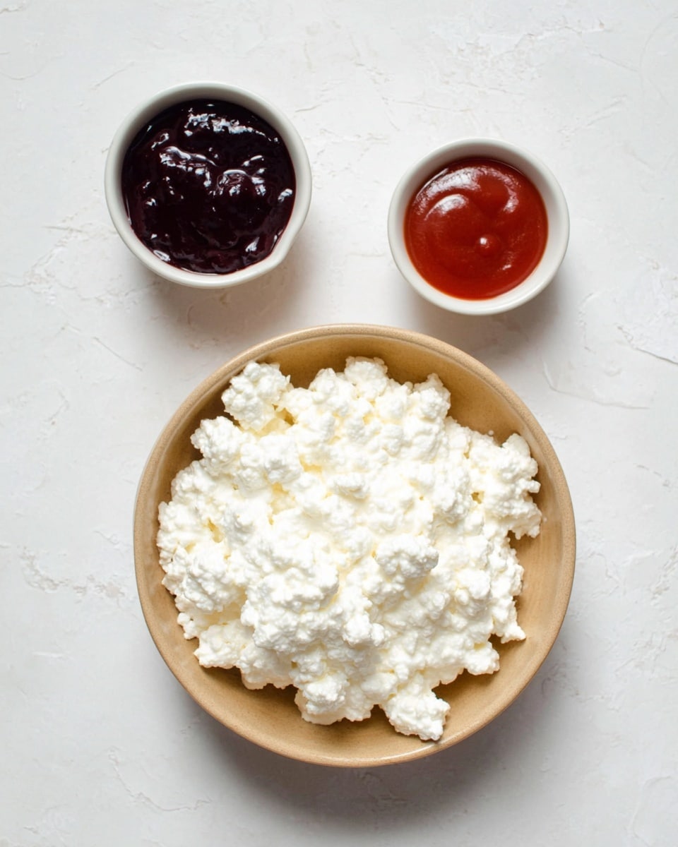 A light brown bowl filled with white cottage cheese showing a soft and lumpy texture is placed on a white marbled surface. Above the bowl, there are two small white bowls, each with a smooth, thick sauce that fills them. The bowl on the left holds a very dark reddish-purple sauce, and the bowl on the right holds a bright red sauce. The setting is simple and clean with a bright light highlighting the textures and colors. photo taken with an iphone --ar 4:5 --v 7