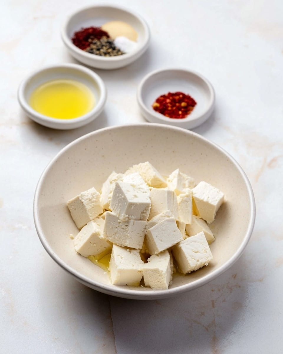 A white round bowl filled with small white cubes of tofu, with light yellow oil drizzled on top, placed on a white marbled surface. Behind it, slightly blurred, are two small white round dishes: one contains a clear light yellow liquid and the other has a mix of colorful spices including red, black, and white powders. Photo taken with an iphone --ar 4:5 --v 7