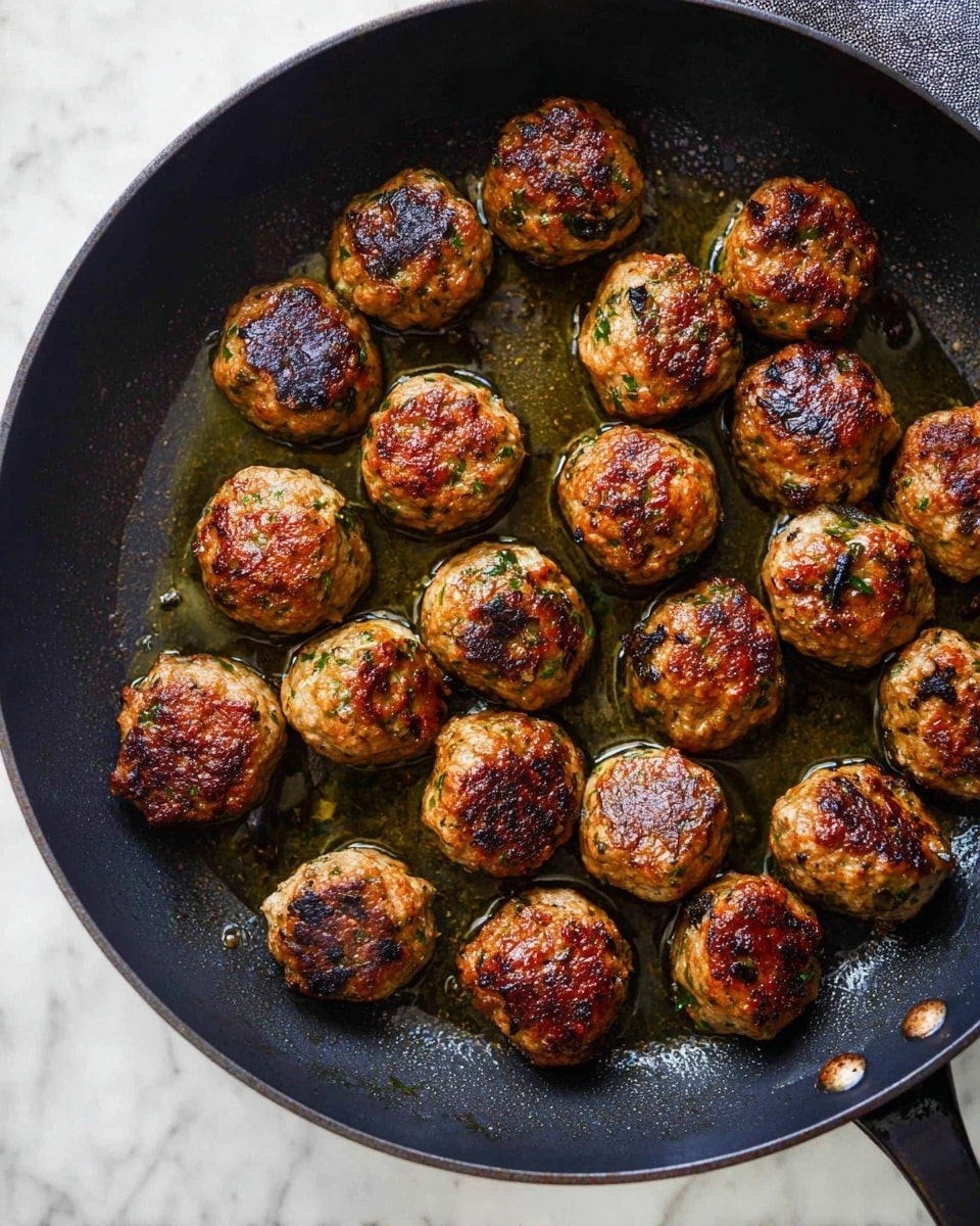 A black pan filled with around twenty small round meatballs, each one browned and crispy on the surface with visible bits of herbs and small dark pieces inside. The meatballs have a rough texture with some parts slightly charred. The pan holds a thin layer of oil that reflects light, making the meatballs look shiny. The pan is placed on a white marbled surface, creating a clean and simple background. photo taken with an iphone --ar 4:5 --v 7