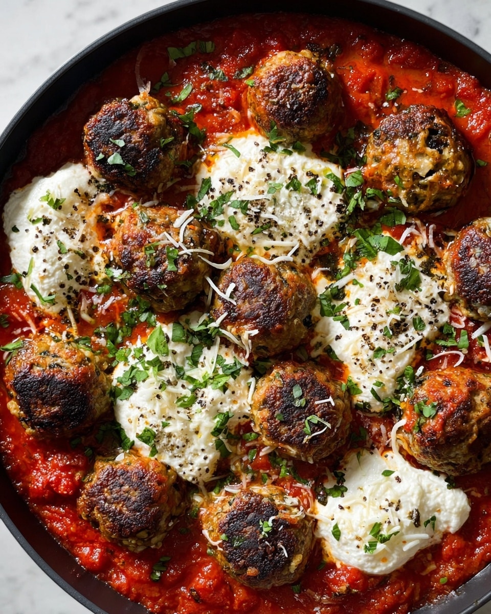 The image shows a black pan filled with six browned meatballs resting in bright red tomato sauce. The meatballs have a crisp, dark outer texture and one is broken open in the center, revealing a greenish inside with small bits of herbs. Around and partly on top of the meatballs are dollops of white ricotta cheese with a slightly grainy texture. Small green parsley leaves are scattered for garnish. The pan is placed on a white marbled surface with a white cloth that has black stripes near the top right corner of the image. photo taken with an iphone --ar 4:5 --v 7