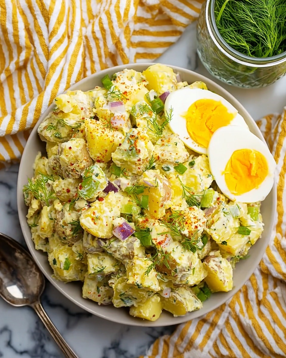The image shows a bowl filled with a chunky potato salad made of mixed yellow potatoes, small green celery pieces, and bits of red onion, all coated in a creamy dressing with visible herbs sprinkled on top. Two halves of a hard-boiled egg, bright white with vibrant yellow yolks, rest on one side of the salad, garnished with small green leaves and a touch of red seasoning. The white bowl sits on a white marbled surface, next to a silver spoon, a glass jar with green herbs, and a striped cloth with yellow and white lines. Photo taken with an iphone --ar 4:5 --v 7