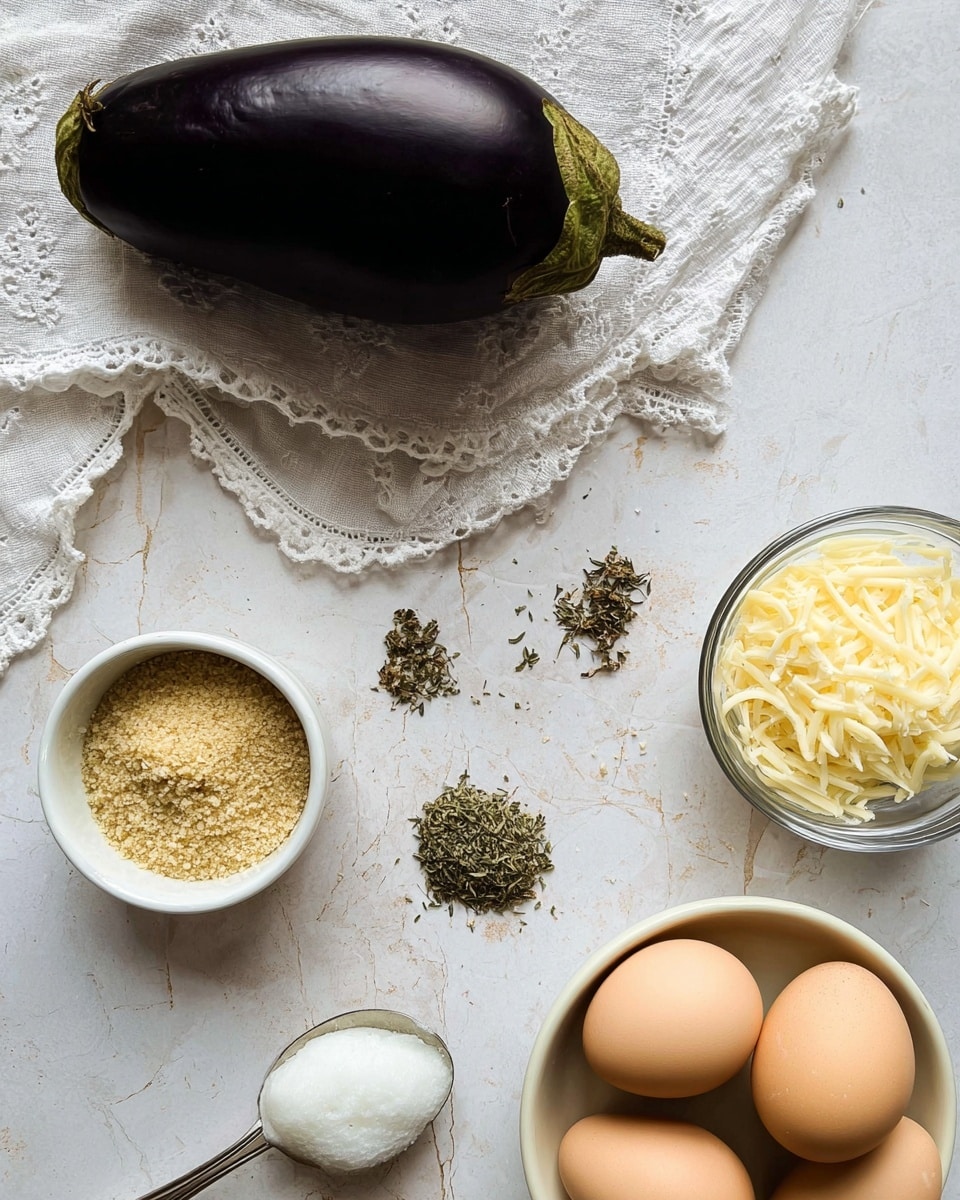 The image shows a dark purple eggplant resting on a white cloth with lace edges, placed on a white marbled surface. To the left of the eggplant is a small white bowl filled with light brown breadcrumbs, and below that is a silver spoon holding a white coconut oil-like substance. Scattered near the center are loose dried herbs in green and brown shades. To the right of the herbs is a small glass bowl of pale yellow shredded cheese. At the bottom of the image, there is a white bowl holding four eggs in light brown tones. The photo taken with an iphone --ar 4:5 --v 7