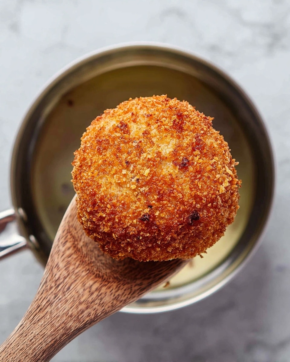 A round, crispy, golden-brown breaded ball with a rough, crunchy texture is being held by a wooden spoon over a small shiny pot filled with clear liquid, all sitting on a white marbled surface. The round ball looks well cooked with a crumbly coating and hints of darker toasted crumbs scattered across the top. The wooden spoon supporting it shows a natural wood grain and is angled diagonally into the pot below. Photo taken with an iphone --ar 4:5 --v 7