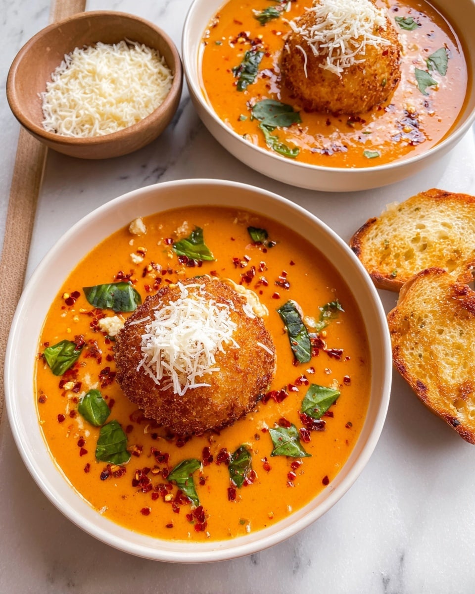 The image shows two round white bowls filled with a smooth bright orange sauce. In the middle of each bowl is a golden brown crispy ball topped with a small pile of shredded white cheese. The orange sauce is decorated with small green basil leaves and scattered red chili flakes. To the side of the front bowl are three toasted bread pieces with a golden crust. A small brown bowl filled with grated cheese is also visible near the back bowl. All dishes are set on a white marbled surface. photo taken with an iphone --ar 4:5 --v 7