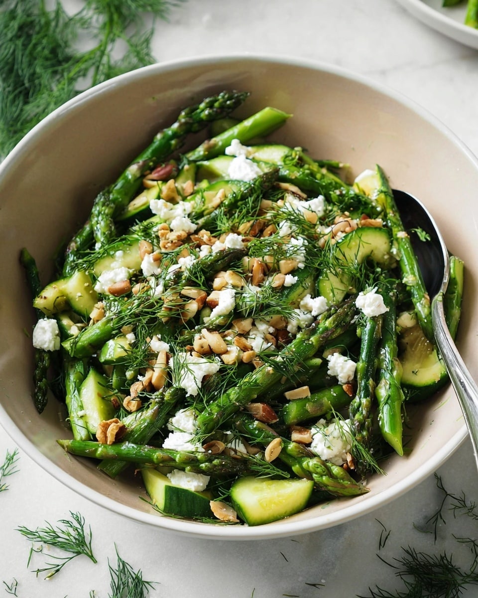 A white bowl is filled with a fresh salad made of green asparagus spears and slices of light green zucchini placed evenly as the base layer. On top, there are small crumbles of white cheese scattered all over, mixed with chopped nuts that add texture and brownish tones. Fresh green dill leaves are sprinkled generously, adding a fine, leafy texture and bright green color throughout the dish. A silver fork is placed inside the bowl on the right side. The bowl is set on a white marbled surface with some loose dill pieces nearby. Photo taken with an iphone --ar 4:5 --v 7