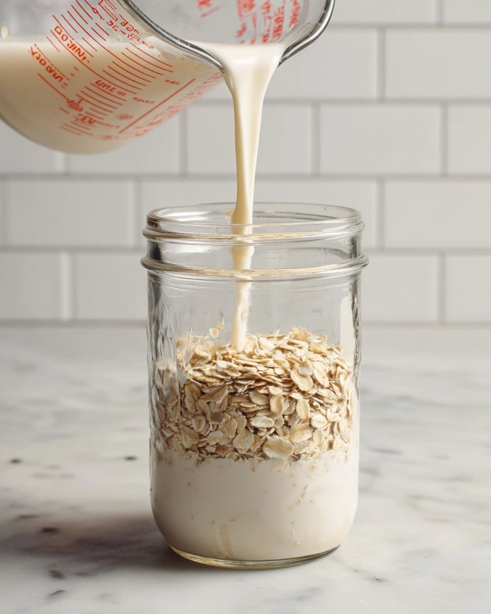 A clear glass jar with two layers is shown on a white marbled surface. The bottom layer fills about half the jar with a creamy white liquid mixed with oat flakes, showing a slightly textured and loose consistency. The top layer is dry oat flakes, light tan with visible grain texture, covering the creamy layer about halfway up the jar. A clear measuring cup with red markings is positioned above, pouring more creamy white liquid into the jar in a steady stream. The background is a white tiled wall. Photo taken with an iphone --ar 4:5 --v 7