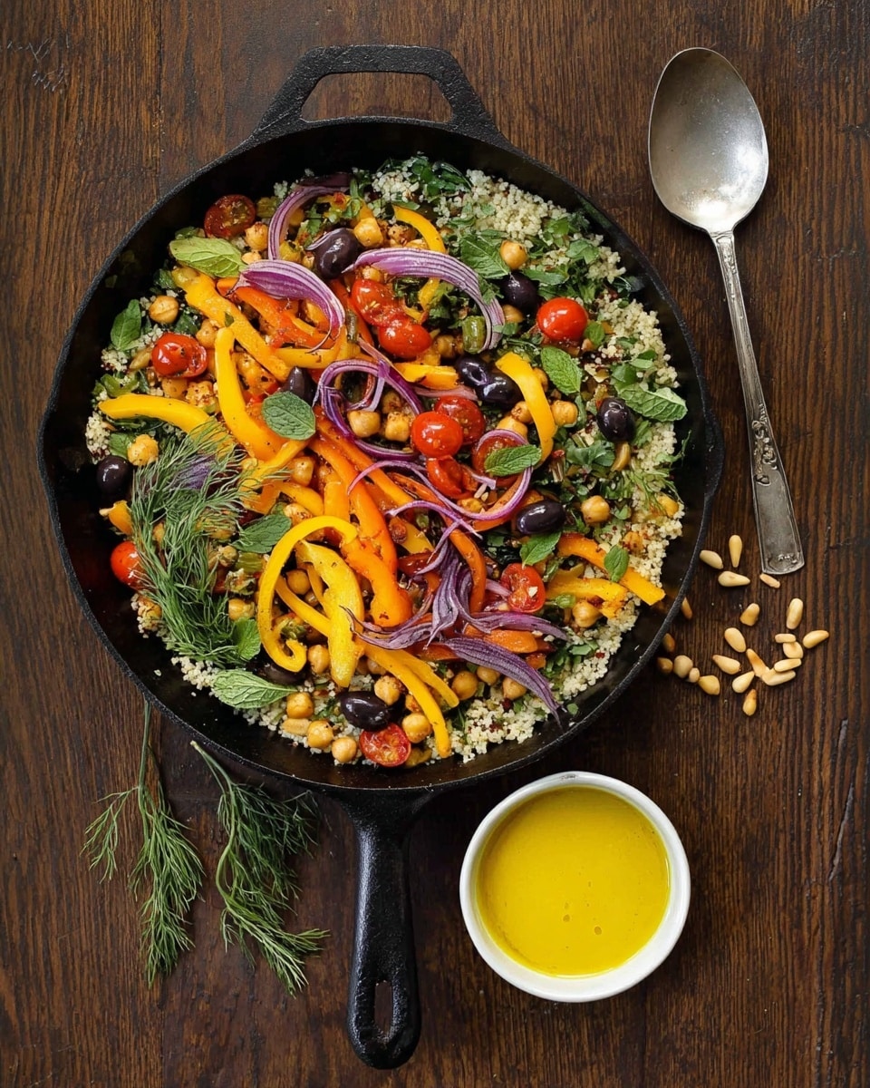 A black cast iron pan filled with a colorful salad sits on a dark wooden table. The salad has three main layers: the bottom layer is a white grain or couscous; the middle layer is a mix of bright roasted bell pepper strips in yellow, orange, and red, along with sliced red onions and halved cherry tomatoes of red and orange; the top layer is crunchy roasted chickpeas, black olives, and fresh green herbs like dill and mint scattered all over. Next to the pan is a small white bowl with bright yellow sauce and a silver spoon inside. Above the pan lies a shiny silver spoon, and some pine nuts are scattered on the wooden surface. Photo taken with an iphone --ar 4:5 --v 7