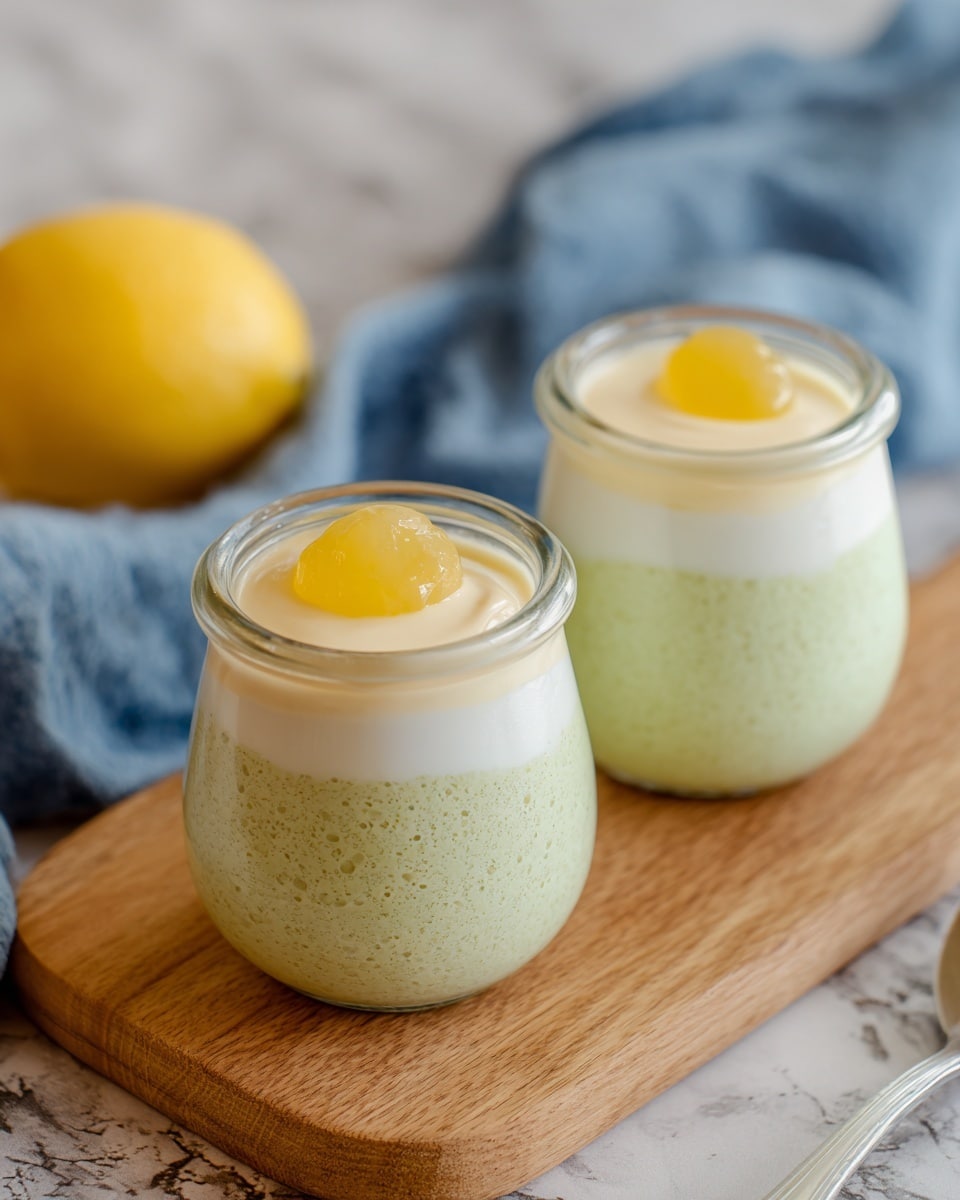 Two small clear glass jars sit on a white marbled surface with a wooden board under one jar. Each jar has three layers: the largest bottom layer is a pale green pudding with a soft, slightly bumpy texture, the middle layer is a smooth white cream, and the top layer is a small dollop of light yellow jelly. A lemon and a blue cloth are in the background. Photo taken with an iphone --ar 4:5 --v 7
