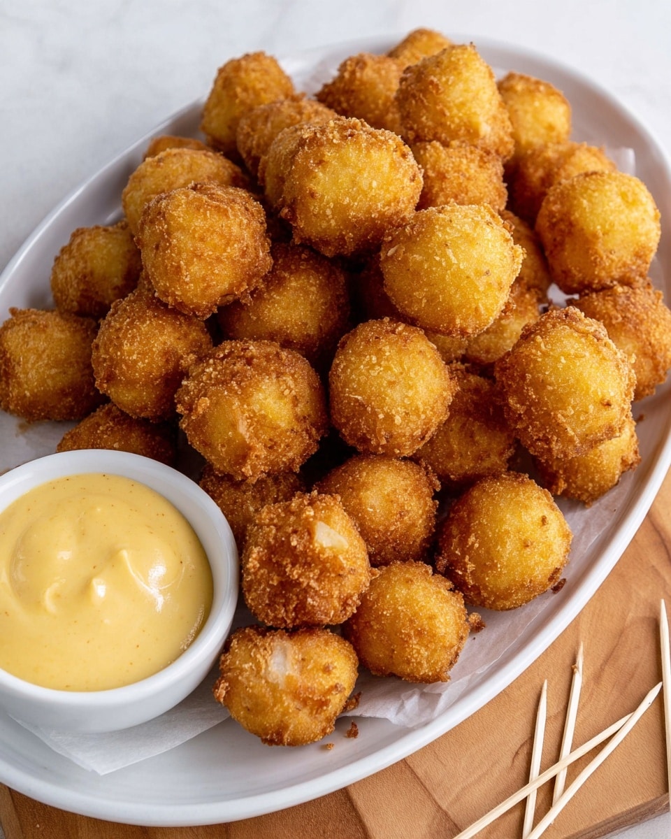 A white oval plate filled with around thirty small, golden-brown fried balls that have a rough, crispy texture. The fried balls vary slightly in size and are piled together, some showing tiny bits of white inside the crust. Next to the plate, on a wooden board with a white marbled background, is a small round white dish filled with smooth, creamy pale yellow sauce. Several wooden toothpicks are scattered near the dish. Photo taken with an iphone --ar 4:5 --v 7