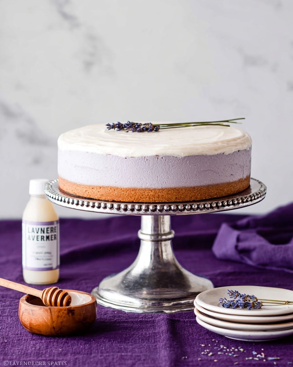 A smooth, creamy white cake with a flat, even top layer is placed on a silver tray with a beaded edge. On the center of the cake, two small sprigs of lavender with tiny purple flowers and green stems are tied together with a thin, natural-colored string bow. The background is a white marbled surface. photo taken with an iphone --ar 4:5 --v 7