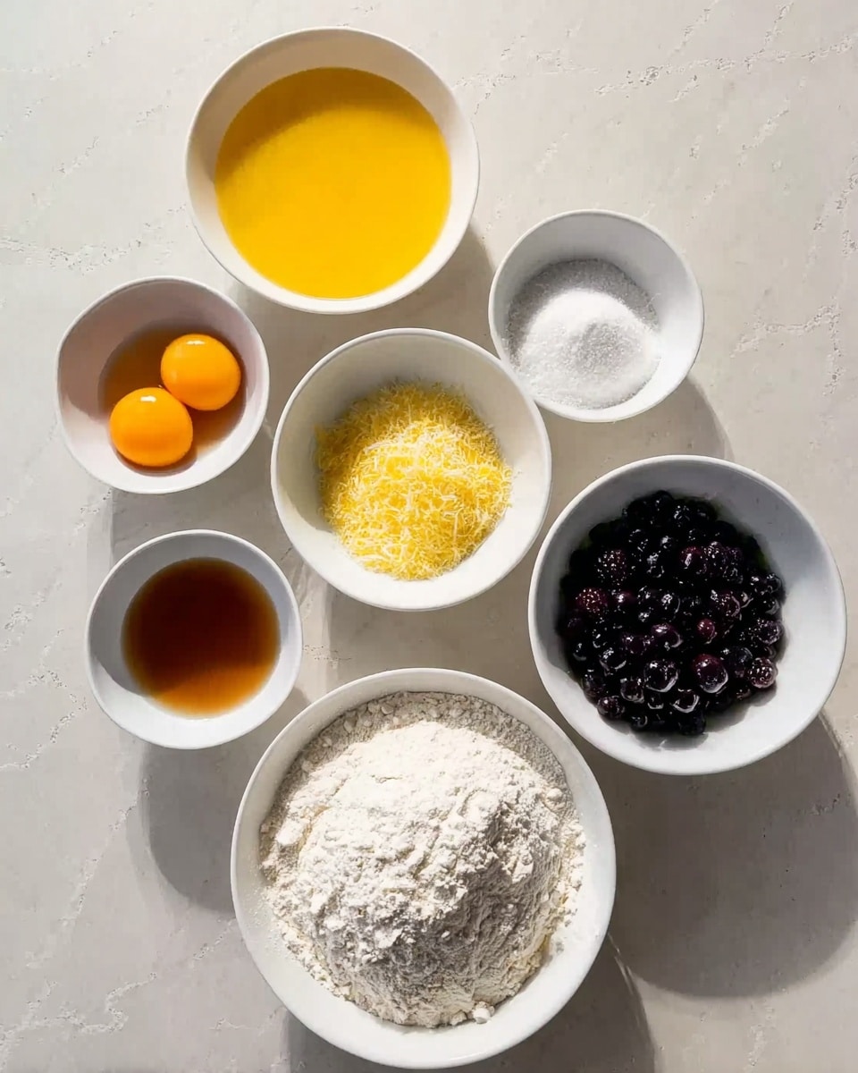 Six white bowls are arranged on a white marbled surface. The largest bowl at the bottom right is filled with white flour, showing a soft, powdery texture. Above it and slightly to the left is a medium bowl with yellow liquid, smooth and glossy, likely melted butter. To the left of that is another bowl with two raw eggs, orange yolks sitting in clear whites. Above that is a bowl containing white sugar mixed with yellow lemon zest, giving a slightly rough texture with small bright yellow flakes. To the right of the lemon bowl is a bowl full of dark purple-blue berries, shiny and round. At the top left, a small bowl holds brown liquid, smooth and translucent, like syrup or honey. The natural light highlights the colors and textures clearly. photo taken with an iphone --ar 4:5 --v 7