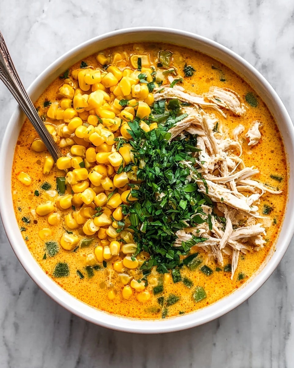 A white bowl filled with a creamy orange soup as the base layer, with visible small pieces of green vegetables mixed throughout. On top, there are three main sections: bright yellow corn kernels piled on the left, shredded light-colored chicken on the right, and a cluster of chopped fresh green herbs placed in the center near the chicken and corn. A silver spoon is placed inside the bowl on the left side. The bowl sits on a white marbled surface. photo taken with an iphone --ar 4:5 --v 7