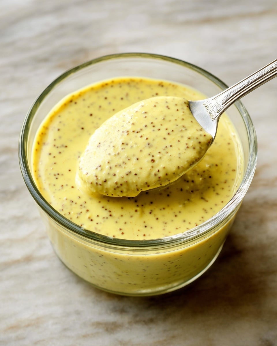 A clear glass bowl filled with a creamy yellow sauce mixed with small brown seeds throughout, creating a textured look. A silver spoon is stuck into the bowl, lifted slightly above the rim, holding a thick scoop of the sauce, showing its dense and grainy texture. The bowl sits on a white marbled surface, giving contrast to the yellow mixture inside. The sauce has a smooth yet slightly bumpy texture from the visible seeds. photo taken with an iphone --ar 4:5 --v 7