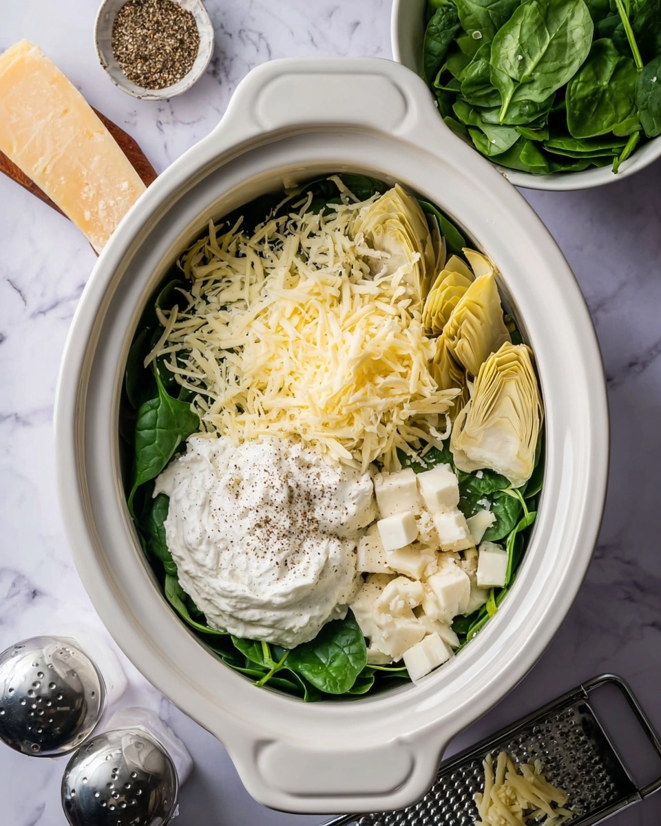 A white slow cooker filled with layers of fresh green spinach at the bottom, topped with a large dollop of smooth white cream on one side, shredded pale yellow cheese in the middle, light yellow artichoke hearts on the right, and small white cheese chunks with a sprinkle of black pepper in the center, all set on a white marbled surface with a white bowl of green spinach leaves on the upper right and a grater with shredded cheese along with salt and pepper shakers on the lower left. Photo taken with an iphone --ar 4:5 --v 7