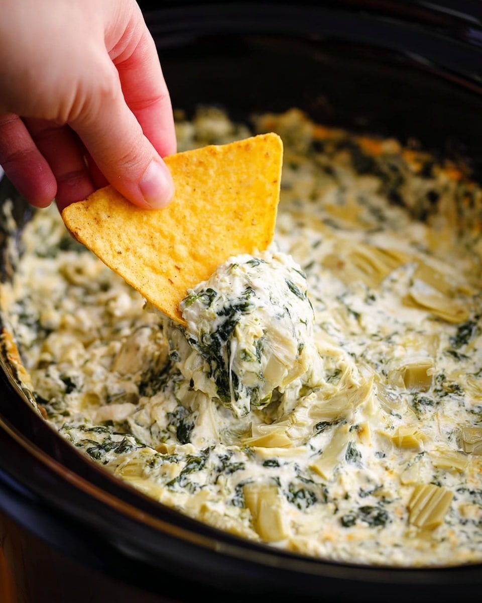 A close-up image of a white woman's hand dipping a yellow triangular chip into a creamy spinach and artichoke dip inside a black slow cooker. The dip has mixed textures of white creamy cheese and green spinach leaves with pieces of pale artichoke hearts visible. The creamy layer is thick and soft, with some small chunks and leafy bits blended throughout. photo taken with an iphone --ar 4:5 --v 7