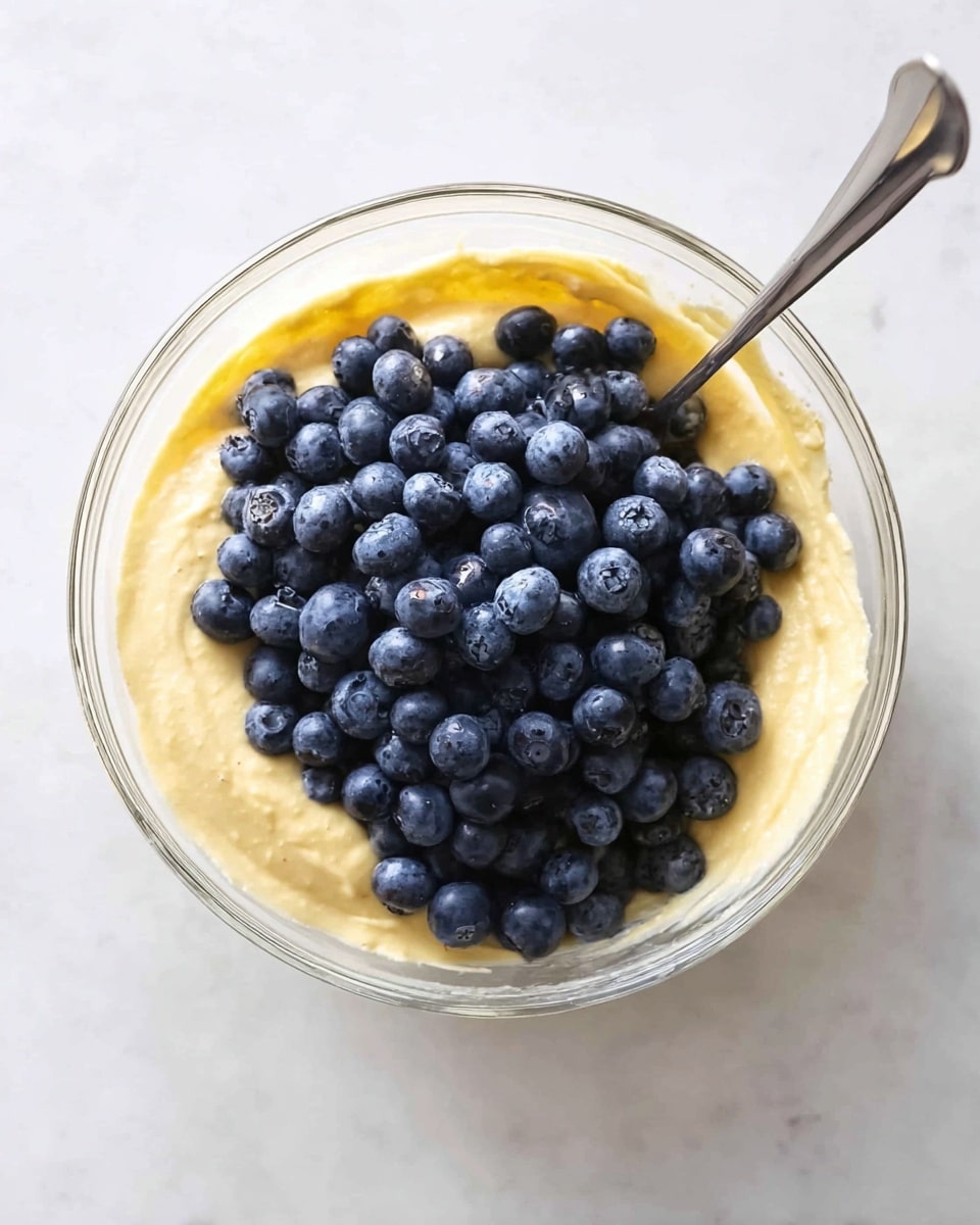 In a clear glass bowl sitting on a white marbled surface, there is a thick, creamy pale yellow layer of batter at the bottom. On top of this batter, a pile of fresh, plump blueberries, deep blue to almost purple in color, covers most of the surface. A silver metal spoon is placed inside the bowl, partially buried in the batter and blueberries, angled slightly to the right. The overall setting is bright and clean, showing the contrast between the pale batter and dark blueberries. photo taken with an iphone --ar 4:5 --v 7